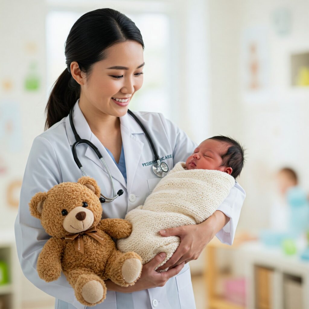  a teddy a female Asian looking doctor and Hispanic looking newborn
