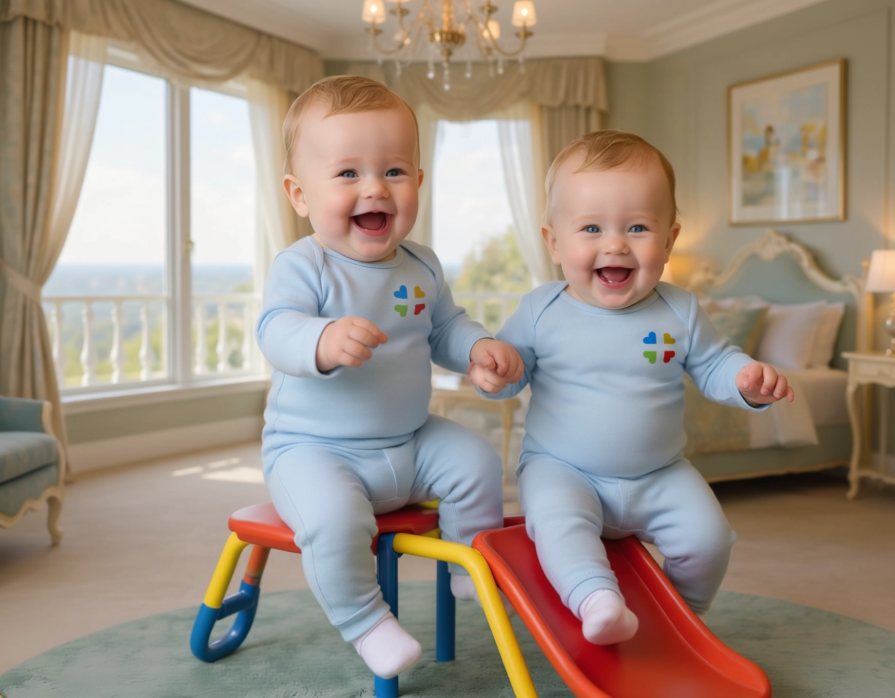 NFP AGES N STAGES 1-year-old,caucasian looking, smiling twin boys, playing on a luxury bay bedroom