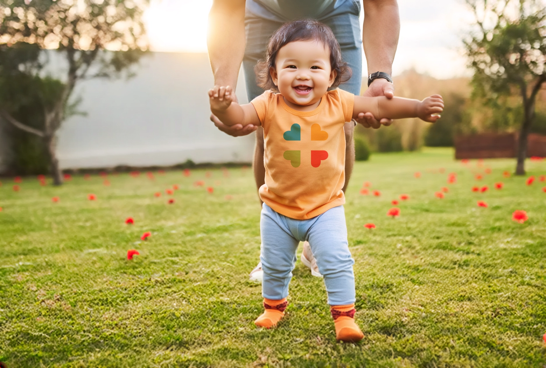 NFP_AGES N STAGES A 1-year -old, asian looking, smiling girl, wearing an orange top with light blue pants