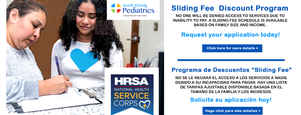 North Florida Pediatrics HRSA -Sliding Fee statement banner-english and spanish